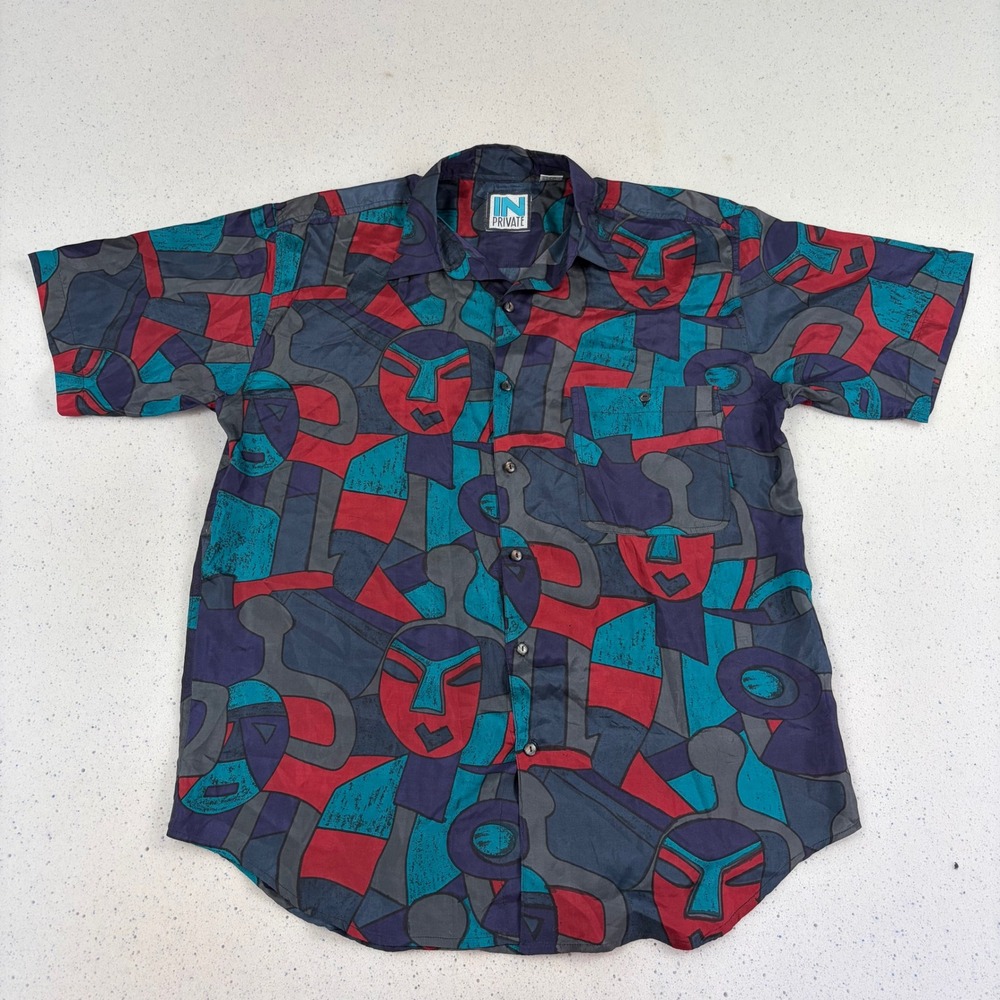 IN PRIVATE Vintage 80s 90s Abstract Geometric‎ Print Silk Button Up Shirt Medium